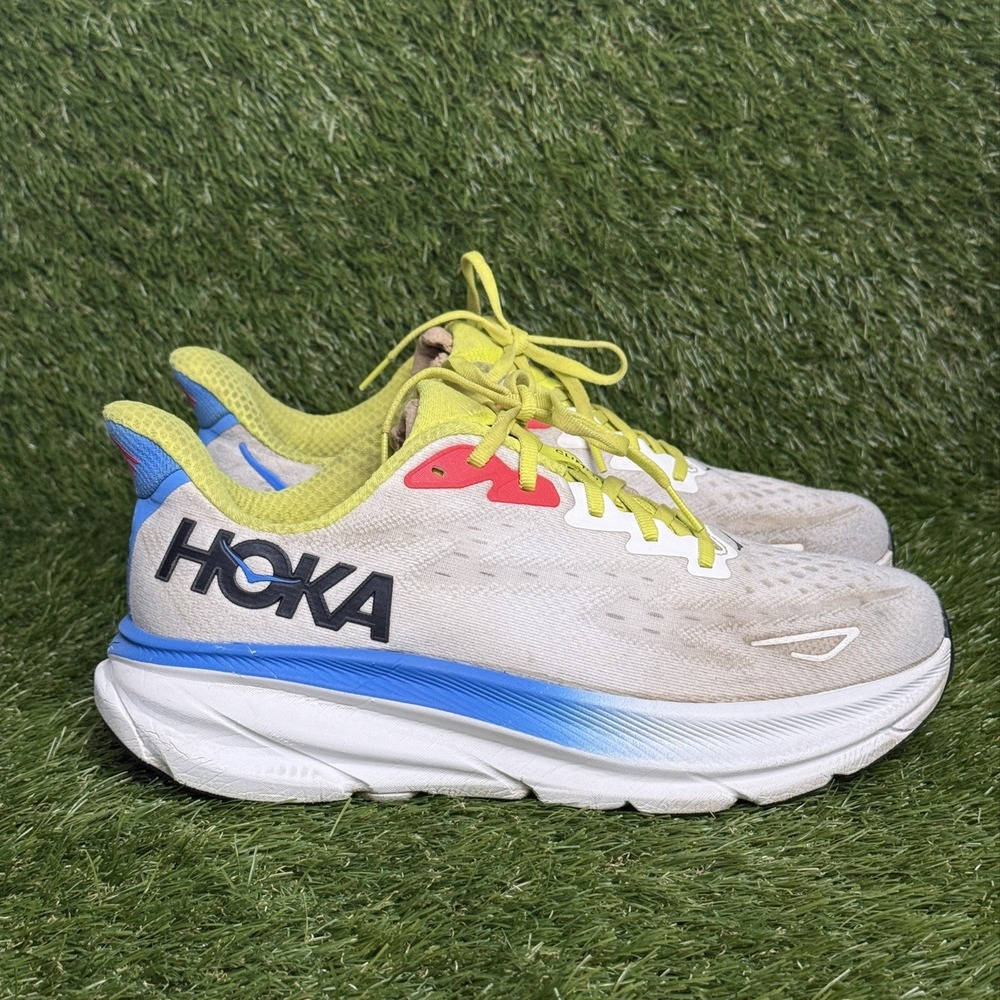 Hoka One One Clifton 9 Mens Size 9.5 White Blue Athletic Running Shoes Sneakers